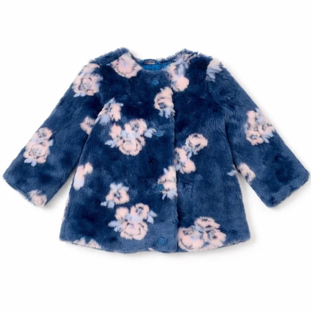 Janie and Jack Faux Fur Floral Coat Jacket Size 18-24 mos Toddler Blue Pink